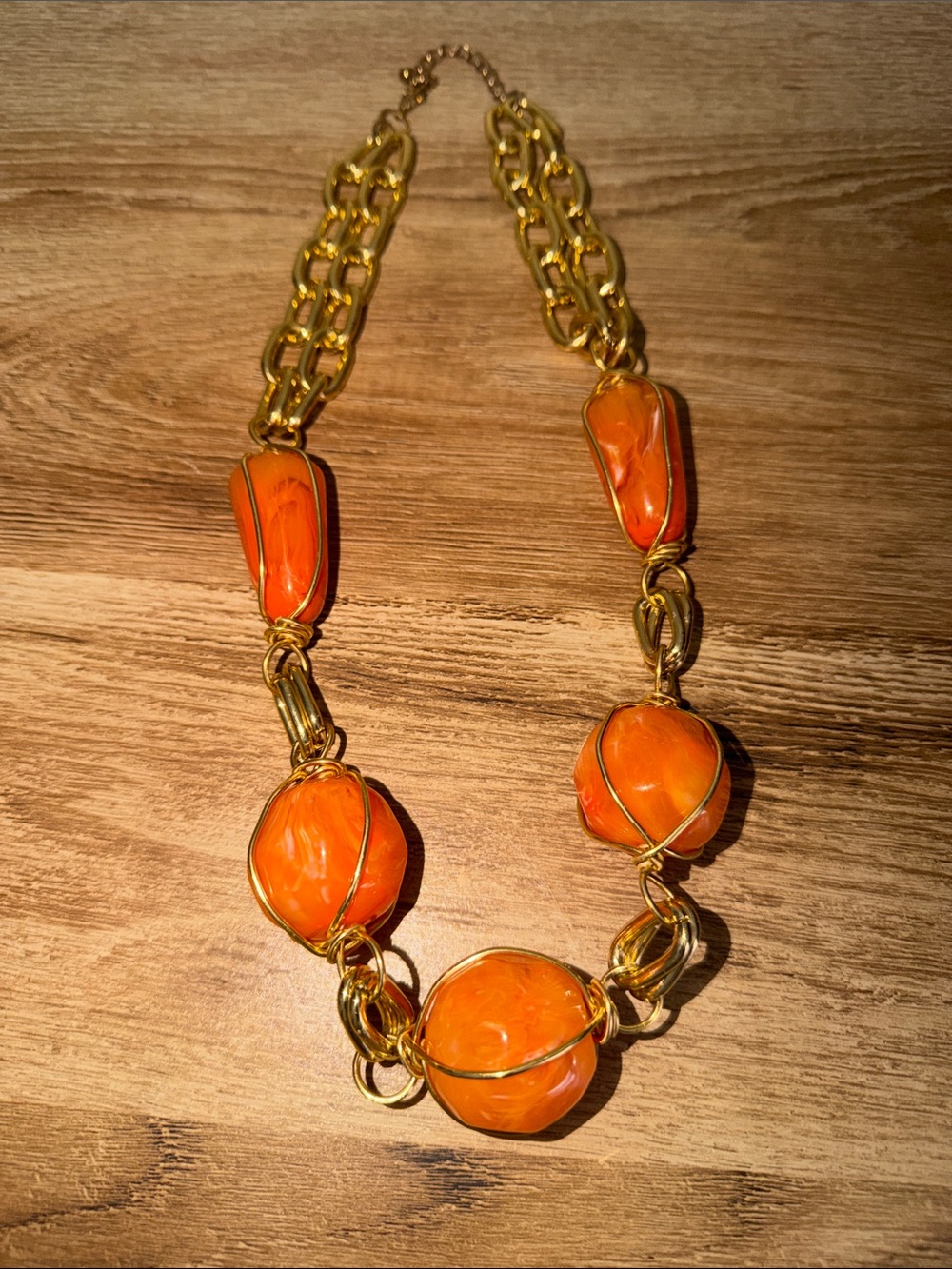 Statement Orange Bead and Gold Chain Necklace - Women Jewelry